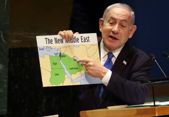During a speech before the United Nations General Assembly on September 22, 2023, Zionist Prime Minister Benjamin Netanyahu holds up a map that shows "Israel" stretching “from the river to the sea.”