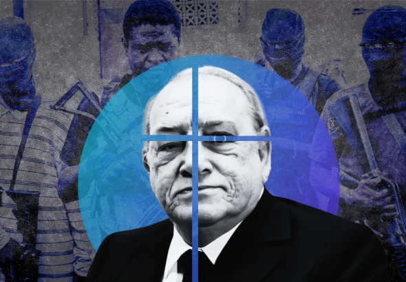 Composite image of Gilbert Bigio against a backdrop of armed Haitians. Photo: MintPress News