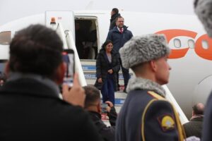 Venezuelan Vice President Delcy Rodríguez going down the stairs of the Venezuelan presidential aircraft after arriving in Moscow, Russia, on Monday, October 21, 2024. PhotoRedRadioVE.
