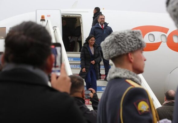 Venezuelan Vice President Delcy Rodríguez going down the stairs of the Venezuelan presidential aircraft after arriving in Moscow, Russia, on Monday, October 21, 2024. PhotoRedRadioVE.