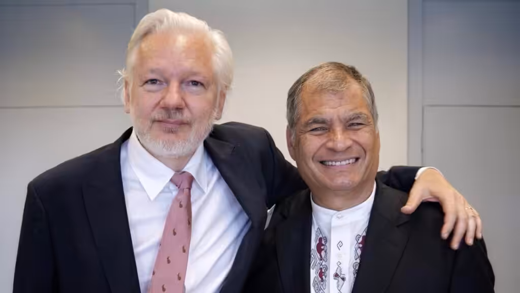 Julian Assange with Rafael Correa on October 2, 2024 at the Council of Europe. Photo: Rafael Correa/X.