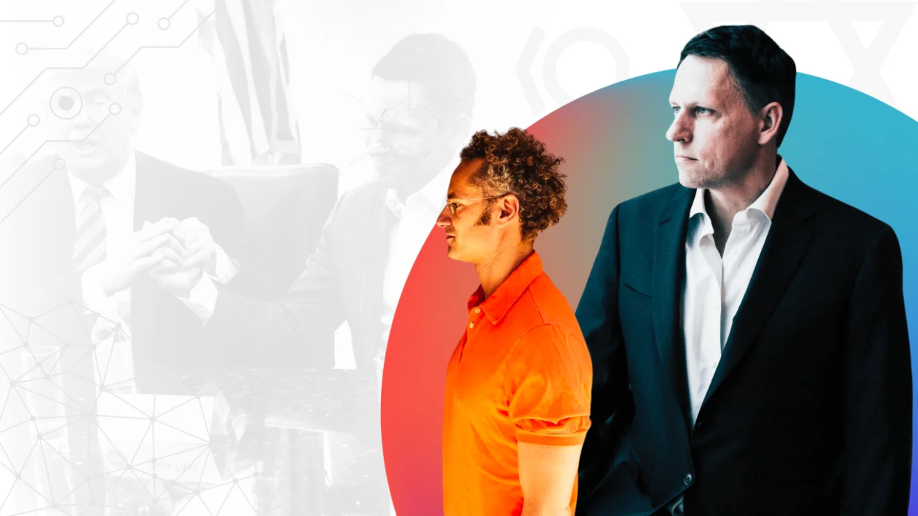Compilation art featuring Peter Thiel, Palantir Tech's deranged CEO. Photo: MintPress News.