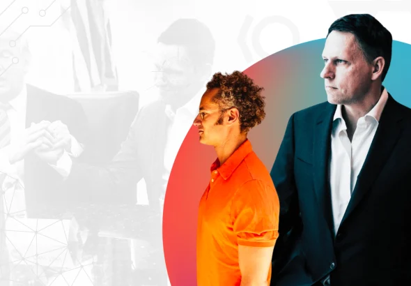 Compilation art featuring Peter Thiel, Palantir Tech's deranged CEO. Photo: MintPress News.