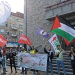 Pro-Palestine activists in Berlin march with flags of Palestine and Samidoun. Photo: X/@SamidounPP.