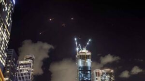 Iranian missiles and Iron Dome interceptors in the skies of occupied Palestine. Photo: Press TV.
