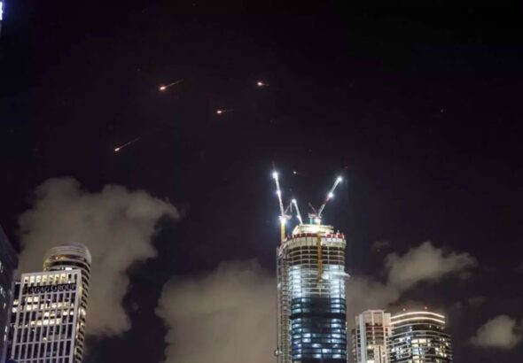 Iranian missiles and Iron Dome interceptors in the skies of occupied Palestine. Photo: Press TV.