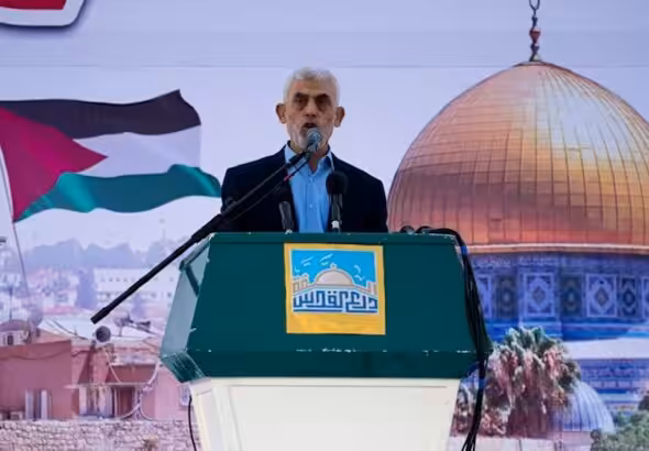Yahya Sinwar, Hamas political bureau leader, delivers a speech during a rally marking al-Quds Day, an annual celebration to support Palestinians in the holy city, at a soccer field in Gaza City, Friday, April 14, 2023. Photo: AP/file photo.
