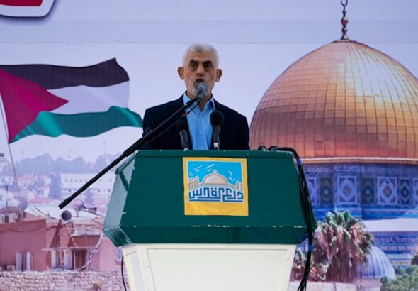 Yahya Sinwar, Hamas political bureau leader, delivers a speech during a rally marking al-Quds Day, an annual celebration to support Palestinians in the holy city, at a soccer field in Gaza City, Friday, April 14, 2023. Photo: AP/file photo.