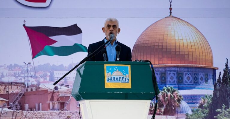Yahya Sinwar, Hamas political bureau leader, delivers a speech during a rally marking al-Quds Day, an annual celebration to support Palestinians in the holy city, at a soccer field in Gaza City, Friday, April 14, 2023. Photo: AP/file photo.