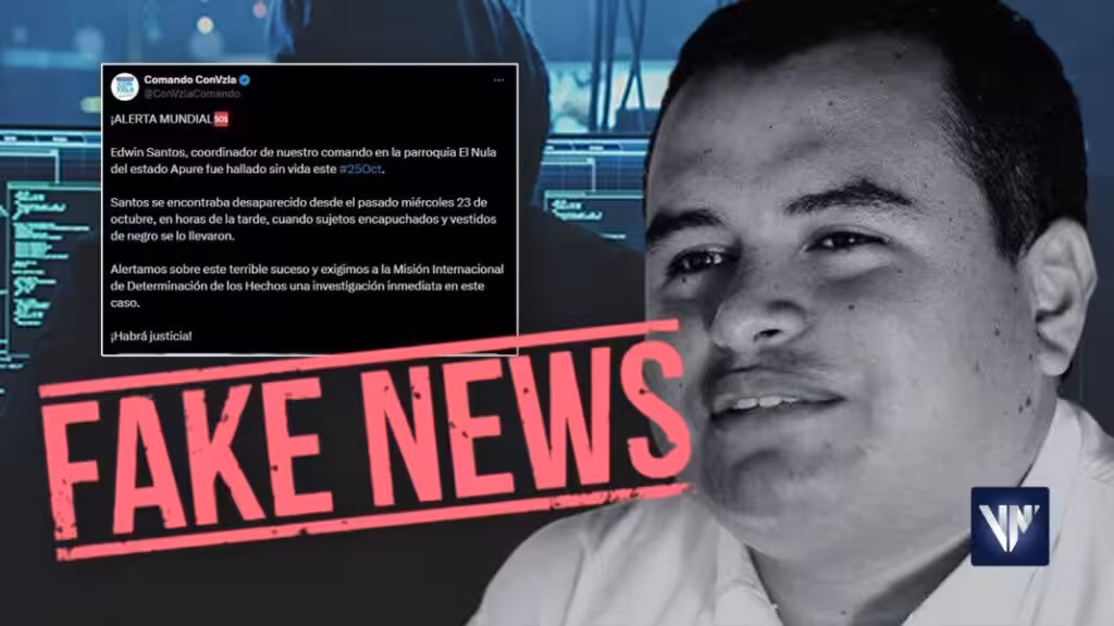 Collage showing Voluntad Popular activist Edwin Santos, Venezuelan far-right opposition's tweet claiming he was murdered, stamped with "Fake news." Photo composition: Venezuela News.