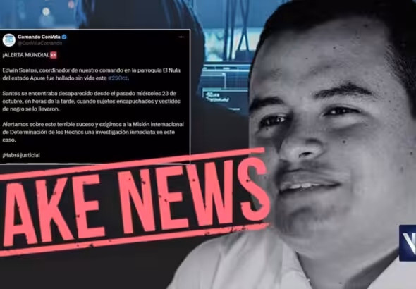 Collage showing Voluntad Popular activist Edwin Santos, Venezuelan far-right opposition's tweet claiming he was murdered, stamped with "Fake news." Photo composition: Venezuela News.