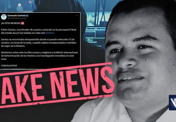 Collage showing Voluntad Popular activist Edwin Santos, Venezuelan far-right opposition's tweet claiming he was murdered, stamped with "Fake news." Photo composition: Venezuela News.