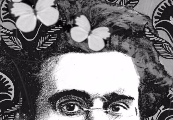 Photo composition showing Antonio Gramsci’s face with butterflies and flowers. Photo: La Tinta