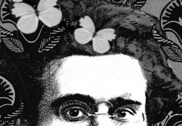 Photo composition showing Antonio Gramsci’s face with butterflies and flowers. Photo: La Tinta