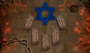 Israeli star with the words "fascism," "Eurocentric," "colonial," "Jewish converts," and "Jewish people?" hanging from its various points, indicating the Eurocentric colonial nature of the Zionist entity. Illustration: Al Mayadeen.