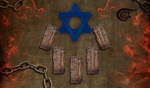 Israeli star with the words "fascism," "Eurocentric," "colonial," "Jewish converts," and "Jewish people?" hanging from its various points, indicating the Eurocentric colonial nature of the Zionist entity. Illustration: Al Mayadeen.