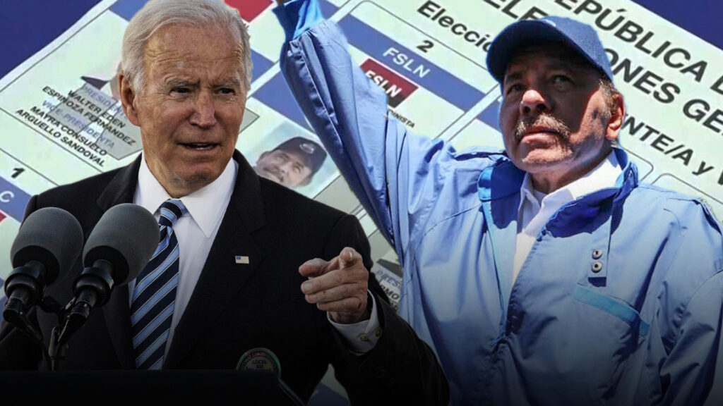 US President Joe Biden (Left) and Nicaraguan President Daniel Ortega. Photo: AFP/Getty Images/Bloomberg. Composition: Mark Kelly/WSJ.