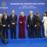 European Union foreign policy chief Josep Borrell, front, arrives late to pose for a family photo with, from left, Ukrainian Foreign Minister Andrii Sybiha, US Secretary of State Antony Blinken, French Foreign Minister Jean-Noël Barrot, Canada's Foreign Minister Melanie Joly, Italian Foreign Minister Antonio Tajani, Japanese Foreign Minister Takeshi Iwaya, German Foreign Minister Annalena Baerbock, Britain's Foreign Office Political Director Christian Turner at the G7 Summit of foreign Ministers in Italy, Tuesday, Nov. 26, 2024. Photo: Alessandra Tarantino/AP.