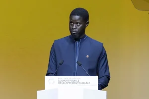 Senegal's President Bassirou Diomaye Faye addresses the audience of the Carrousel du Louvre in Paris, France on July 25, 2024. Photo: AFP.
