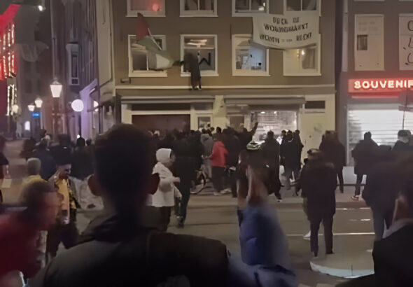 Israeli hooligans tearing down a Palestinian flag hanging on an Amsterdam building in solidarity with the Palestinian people being massacred in Gaza by the occupation entity of "Israel." Photo: X/@hel7endy.