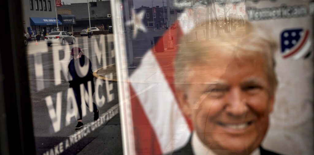An image of Republican presidential nominee former President Donald Trump hangs in the window of a campaign office in Hamtramck, Michigan, November 4, 2024. Photo: The Morning Star/File photo.