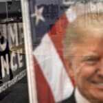 An image of Republican presidential nominee former President Donald Trump hangs in the window of a campaign office in Hamtramck, Michigan, November 4, 2024. Photo: The Morning Star/File photo.