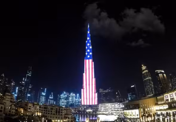 The Burj Khalifa in Dubai lit up with the flag of the United States on July 4, 2019. Photo: UAE Foreign Ministry.