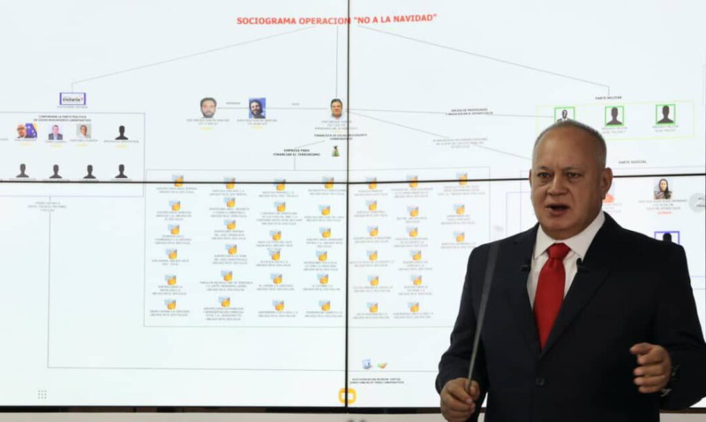 Venezuelan Minister for the Interior Diosdado Cabello explains the connections among various individuals associated with the "No to Christmas" coup plot. Photo: VTV.
