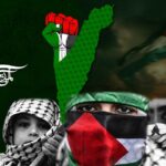 Photo composition showing the faces of a child and two women wearing the keffiyeh, with the flag map and the map of Palestine, and a raised fist with the colors of the Palestinian flag. Illustration: Al Mayadeen.