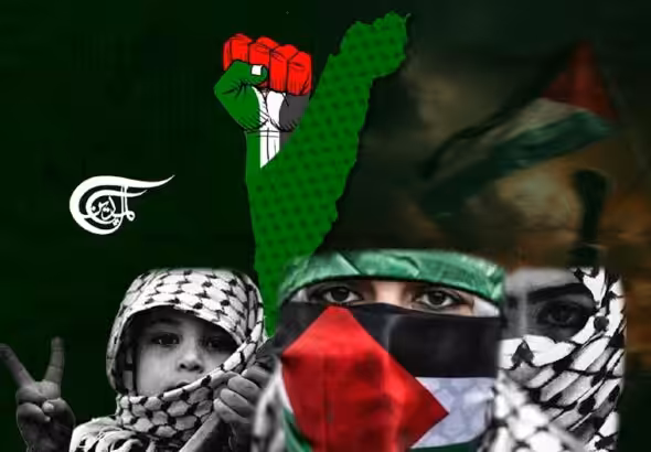 Photo composition showing the faces of a child and two women wearing the keffiyeh, with the flag map and the map of Palestine, and a raised fist with the colors of the Palestinian flag. Illustration: Al Mayadeen.