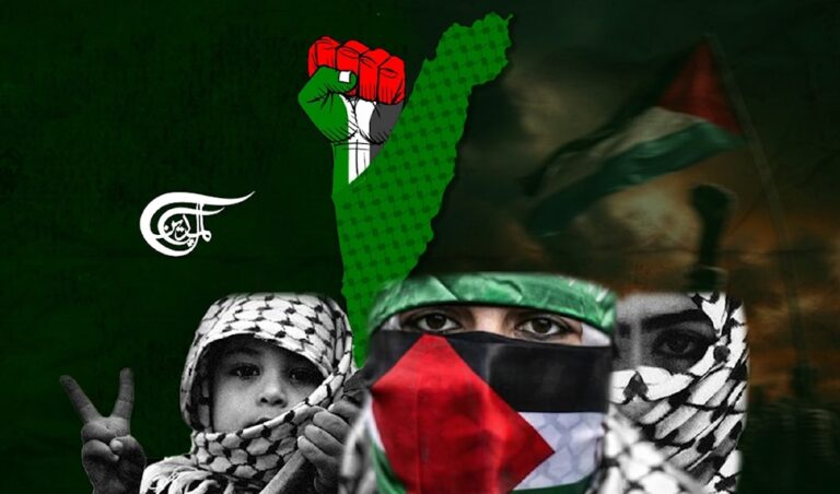 Photo composition showing the faces of a child and two women wearing the keffiyeh, with the flag map and the map of Palestine, and a raised fist with the colors of the Palestinian flag. Illustration: Al Mayadeen.