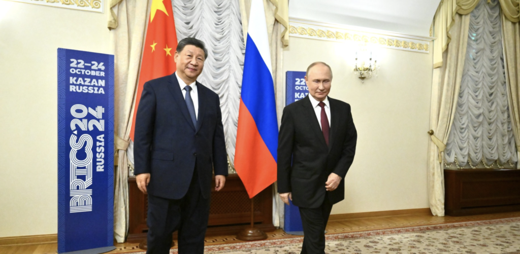 China’s President Xi Jinping and Russian President Vladimir Putin at BRICS summit on Oct. 25 in Kazan, Russia. Photo: Kristina Kormilitsyna/Agency, Kremlin.