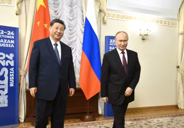 China’s President Xi Jinping and Russian President Vladimir Putin at BRICS summit on Oct. 25 in Kazan, Russia. Photo: Kristina Kormilitsyna/Agency, Kremlin.