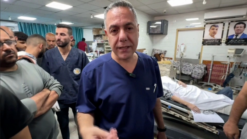 Dr. Hussam Abu Safia inside Kamal Adwan Hospital, northern Gaza, prior to his injury by a occupation quadcopter. Photo: CNN.