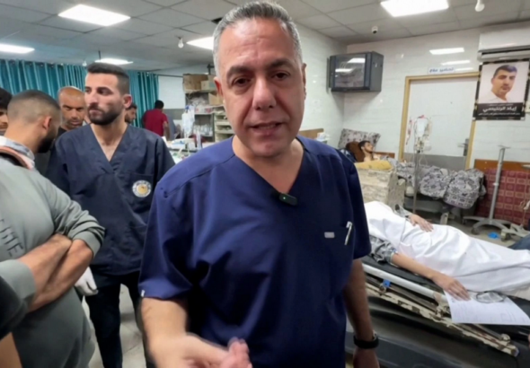 Dr. Hussam Abu Safia inside Kamal Adwan Hospital, northern Gaza, prior to his injury by a occupation quadcopter. Photo: CNN.