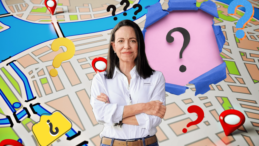 Far-right Venezuelan politician María Corina Machado with a background of a map showing question signs in several places. Photo: RedRadioVE.