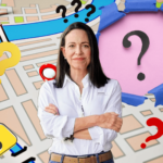 Far-right Venezuelan politician María Corina Machado with a background of a map showing question signs in several places. Photo: RedRadioVE.
