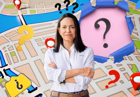 Far-right Venezuelan politician María Corina Machado with a background of a map showing question signs in several places. Photo: RedRadioVE.