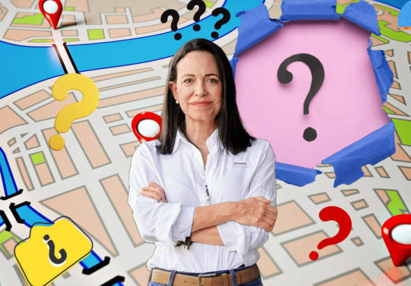 Far-right Venezuelan politician María Corina Machado with a background of a map showing question signs in several places. Photo: RedRadioVE.