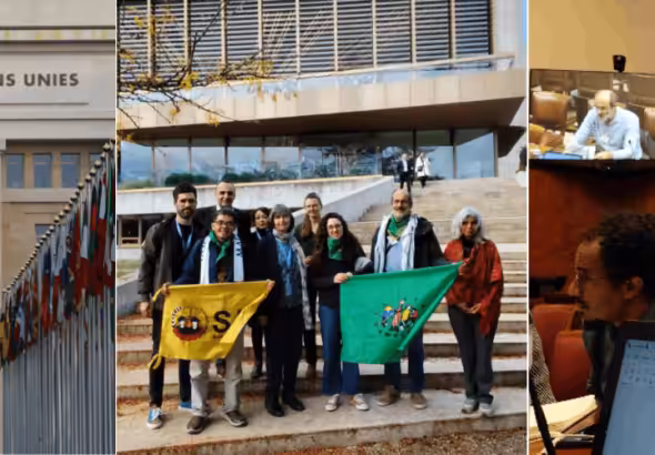 La Via Campesina (LVC) delegates from Asia, Europe and Latin America together with their allies, CETIM and FIAN International, meeting for the UNDROP Working Group in Geneva on October, 2024. Photo: La Via Campesina