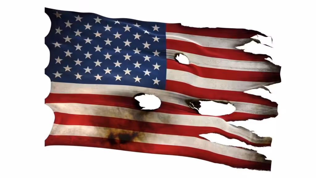 Torn and tattered US flag. Illustration: Dmytro Maiatskyi.