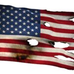 Torn and tattered US flag. Illustration: Dmytro Maiatskyi.