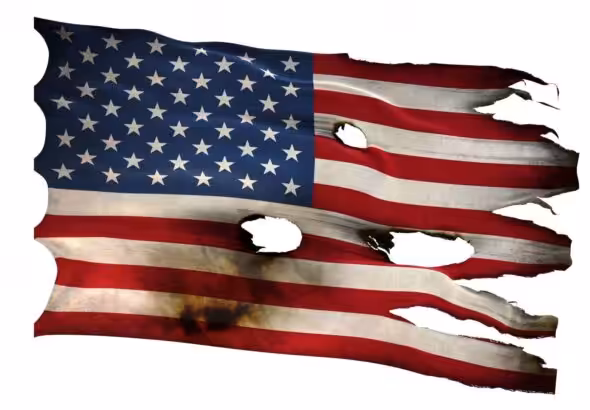 Torn and tattered US flag. Illustration: Dmytro Maiatskyi.