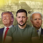 Collage showing Volodymyr Zelensky between Donald Trump and Joe Biden, with war and destruction in the background. Illustration: Zeinab al-Hajj/Al Mayadeen English.