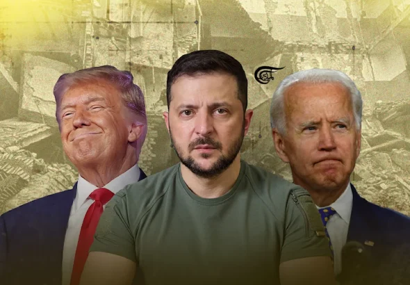 Collage showing Volodymyr Zelensky between Donald Trump and Joe Biden, with war and destruction in the background. Illustration: Zeinab al-Hajj/Al Mayadeen English.