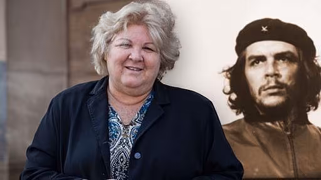 Photo composition showing Aleida GUevara next to an iconic photo of her father Ernesto Che Guevara. File photo.