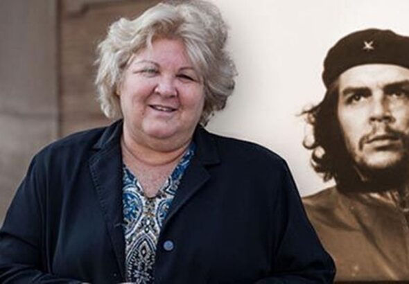 Photo composition showing Aleida GUevara next to an iconic photo of her father Ernesto Che Guevara. File photo.