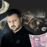 Ukrainian President Volodymyr Zelensky amidst dollar bills and an injured soldier being attended to by first responders in the background. Illustration: Mahdi Rtail/Al-Mayadeen English.