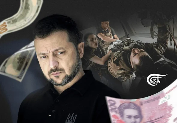 Ukrainian President Volodymyr Zelensky amidst dollar bills and an injured soldier being attended to by first responders in the background. Illustration: Mahdi Rtail/Al-Mayadeen English.