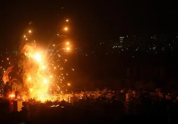 An Israeli airstrike on Dahieh on one of the most violent nights since October 8, 2023. Dahieh, Lebanon. October 10, 2024. Photo: Marwan Bou Haidar/The Public Source.